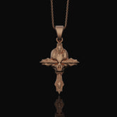 Silver Gothic Skull Cross Necklace, Wooden Texture Design, Unique Dark Aesthetic Jewelry Rose Gold Finish