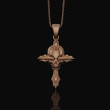 Silver Gothic Skull Cross Necklace, Wooden Texture Design, Unique Dark Aesthetic Jewelry Rose Gold Finish