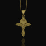 Silver Gothic Skull Cross Necklace, Wooden Texture Design, Unique Dark Aesthetic Jewelry Gold Matte