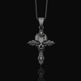 Silver Gothic Skull Cross Necklace, Wooden Texture Design, Unique Dark Aesthetic Jewelry Oxidized Finish