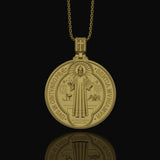 St. Benedict Medallion Necklace, Symbol of Protection & Faith, Sacred Christian Devotional Jewelry, Religious Pendant Gold Finish
