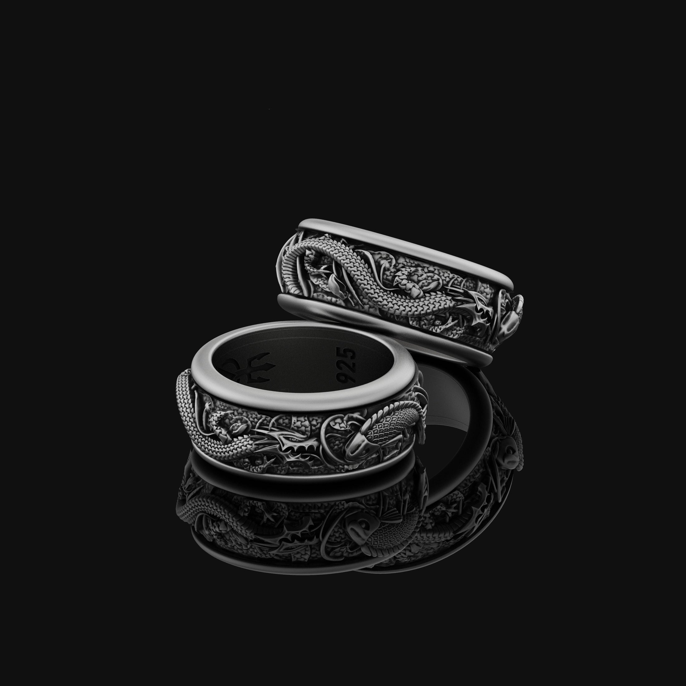 Rotating Dragon & Carp Band - Engravable Oxidized Finish