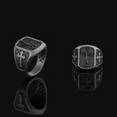Saint Michael Defeating Satan Silver Ring, Cross Pattern Band, Men's Religious Jewelry, Christian Gift of Protection Oxidized Finish