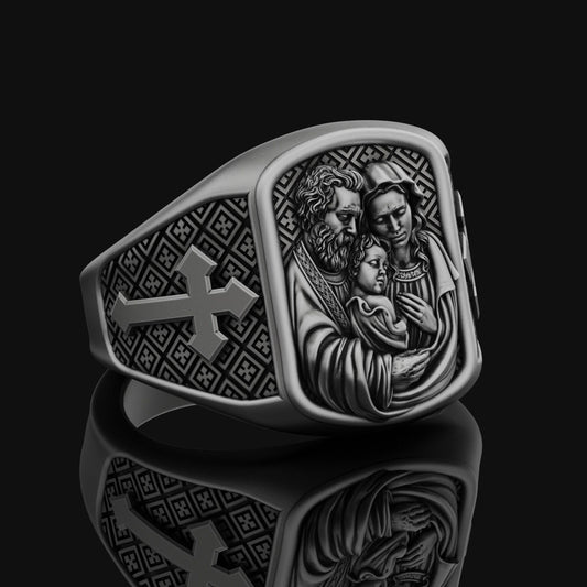 Holy Family Silver Ring, Jesus Mary Joseph, Men's Cross Pattern Band, Religious Christian Jewelry, Spiritual Gift