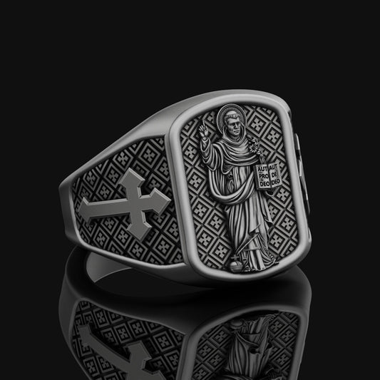 Saint Dominic Silver Ring, Men's Cross Pattern Band, Religious Christian Jewelry, Spiritual Gift for Devotion & Faith