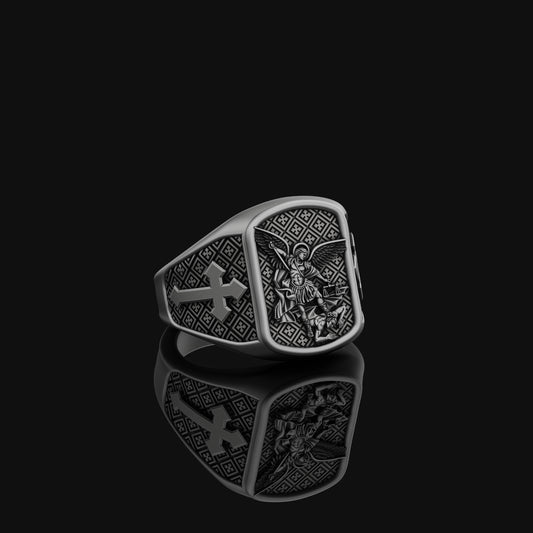 Archangel Michael Conquers Evil Silver Ring, Men's Cross Motif Band, Spiritual Christian Jewelry, Gift of Divine Protection Oxidized Finish