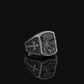 Bild in Galerie-Betrachter laden, Archangel Michael Conquers Evil Silver Ring, Men's Cross Motif Band, Spiritual Christian Jewelry, Gift of Divine Protection Oxidized Finish
