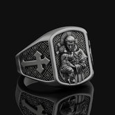 Saint Anthony Silver Ring, Patron of Lost Things, Men's Cross Pattern Band, Religious Christian Jewelry, Spiritual Gift Oxidized Finish