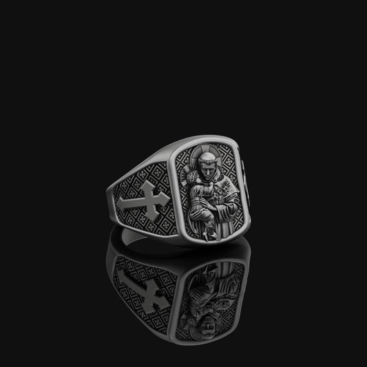 Saint Anthony Silver Ring, Patron of Lost Things, Men's Cross Pattern Band, Religious Christian Jewelry, Spiritual Gift Oxidized Finish