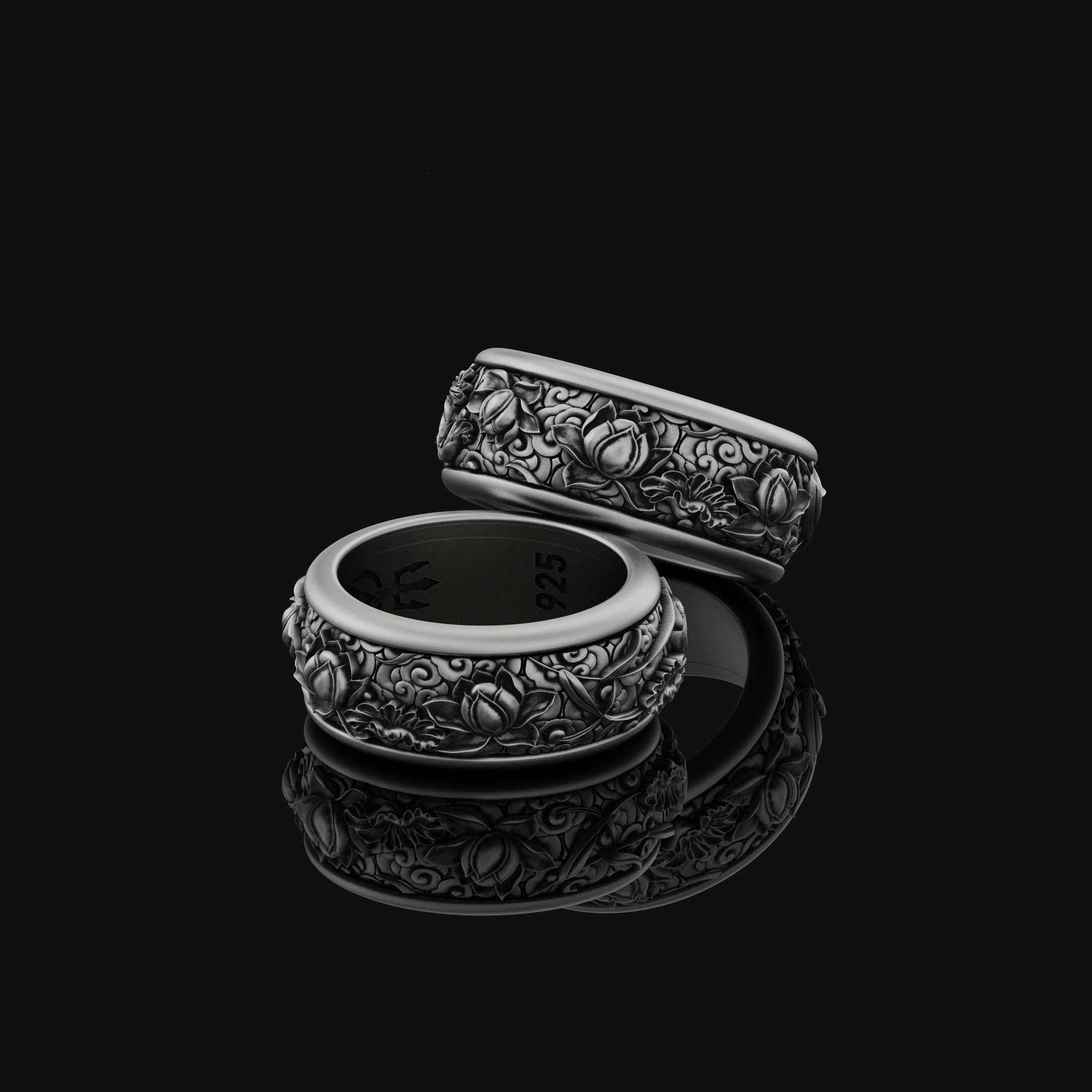 Rotating Lotus Band - Engravable Oxidized Finish