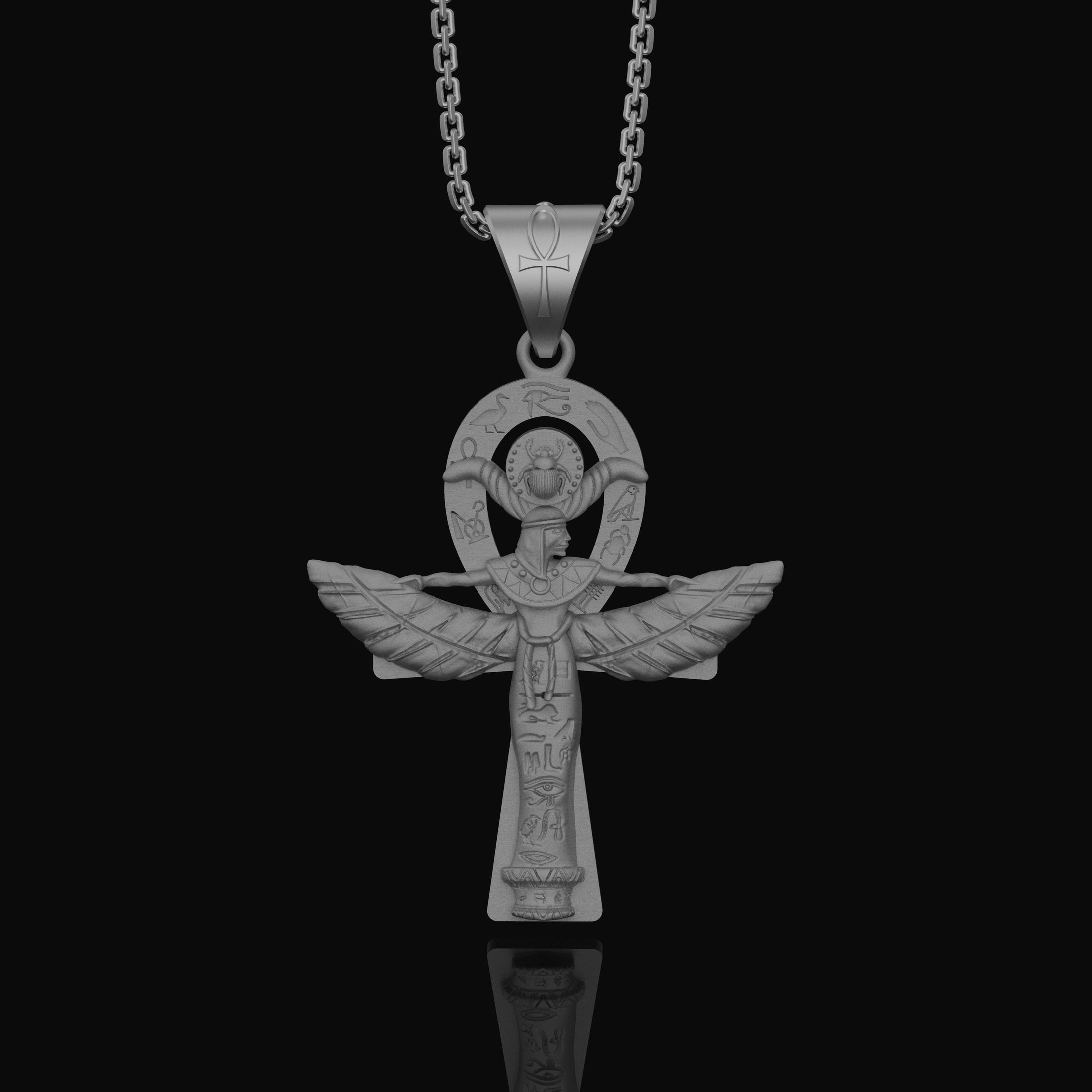 Silver Isis Necklace, Egyptian Goddess Charm, Hieroglyphic Ankh Pendant, Symbol of Life & Magic, Ancient Egypt Jewelry Polished Matte