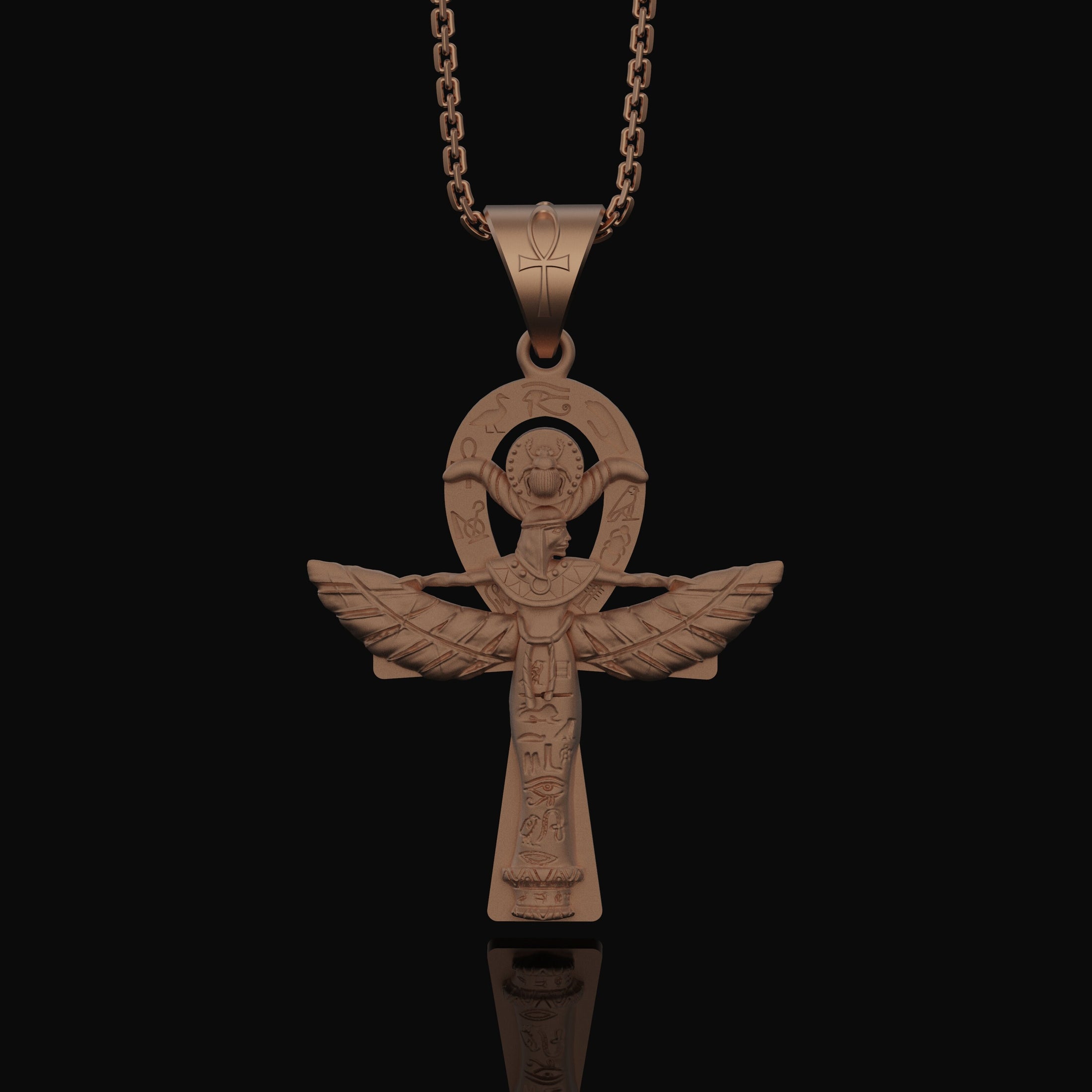 Silver Isis Necklace, Egyptian Goddess Charm, Hieroglyphic Ankh Pendant, Symbol of Life & Magic, Ancient Egypt Jewelry Rose Gold Matte