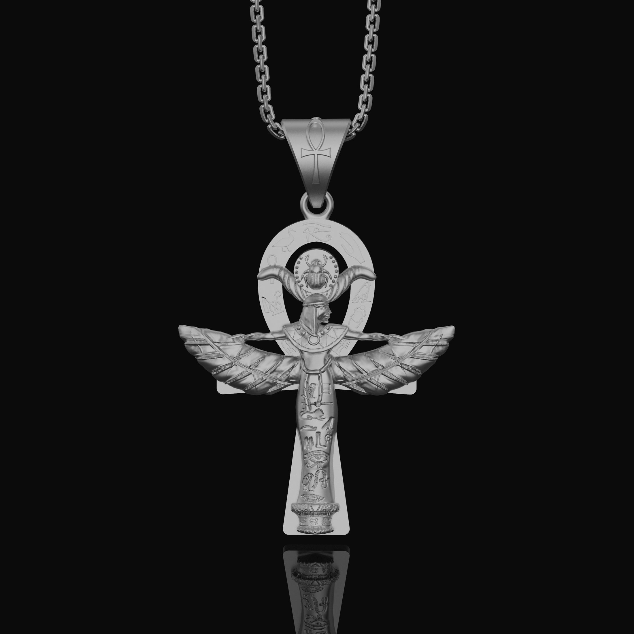 Silver Isis Necklace, Egyptian Goddess Charm, Hieroglyphic Ankh Pendant, Symbol of Life & Magic, Ancient Egypt Jewelry Polished Finish