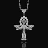 Silver Isis Necklace, Egyptian Goddess Charm, Hieroglyphic Ankh Pendant, Symbol of Life & Magic, Ancient Egypt Jewelry Polished Finish