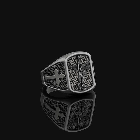 Saint Michael Defeating Satan Silver Ring, Cross Pattern Band, Men's Religious Jewelry, Christian Gift of Protection