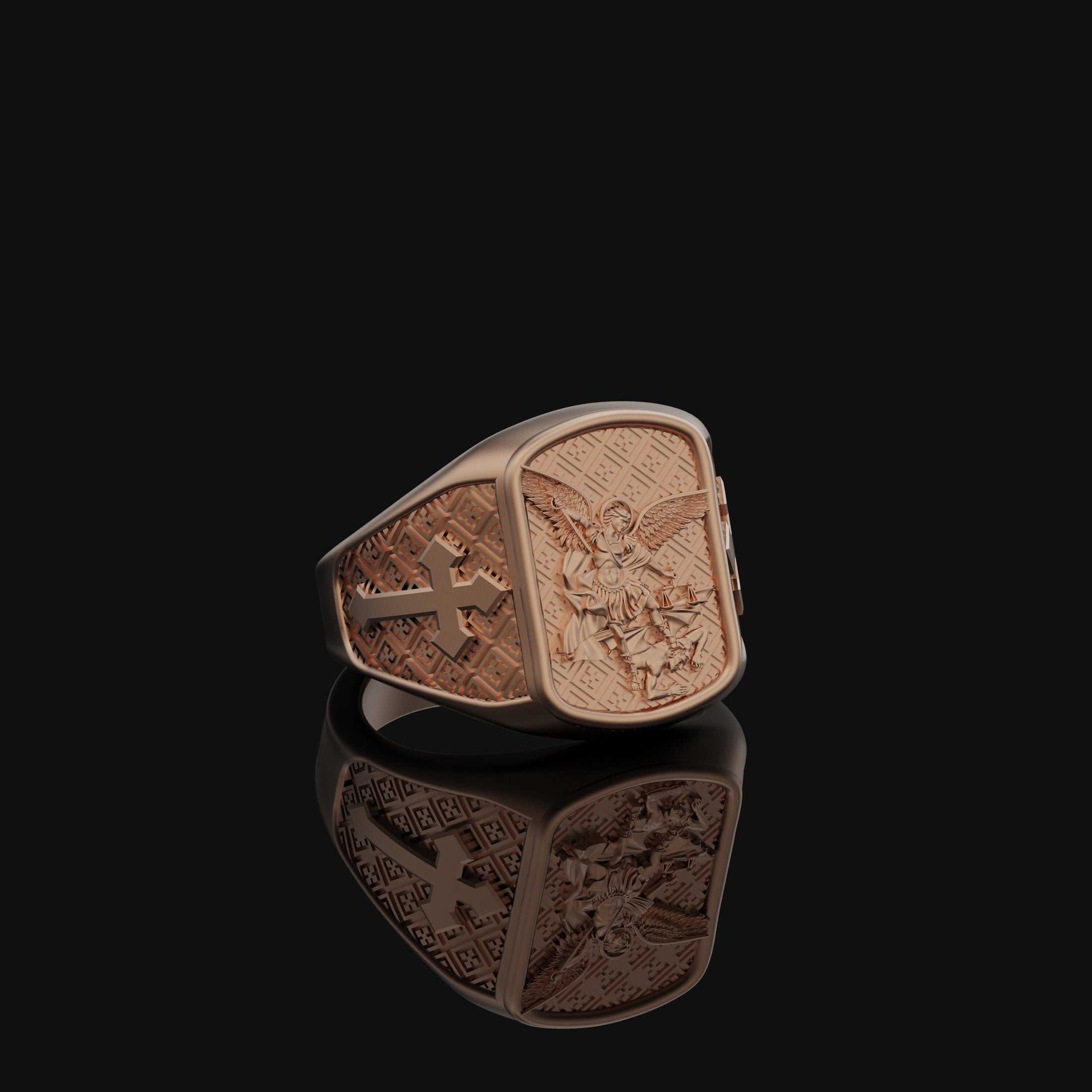 Archangel Michael Conquers Evil Silver Ring, Men's Cross Motif Band, Spiritual Christian Jewelry, Gift of Divine Protection Rose Gold Finish