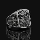 Jesus of Nazareth INRI Silver Ring, Crown of Thorns Design, Men's Cross Pattern Band, Devotional Christian Jewelry Gift Oxidized Finish