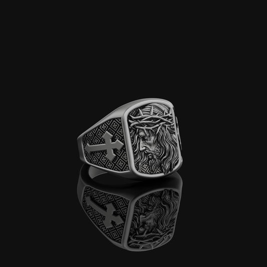 Jesus of Nazareth INRI Silver Ring, Crown of Thorns Design, Men's Cross Pattern Band, Devotional Christian Jewelry Gift Oxidized Finish
