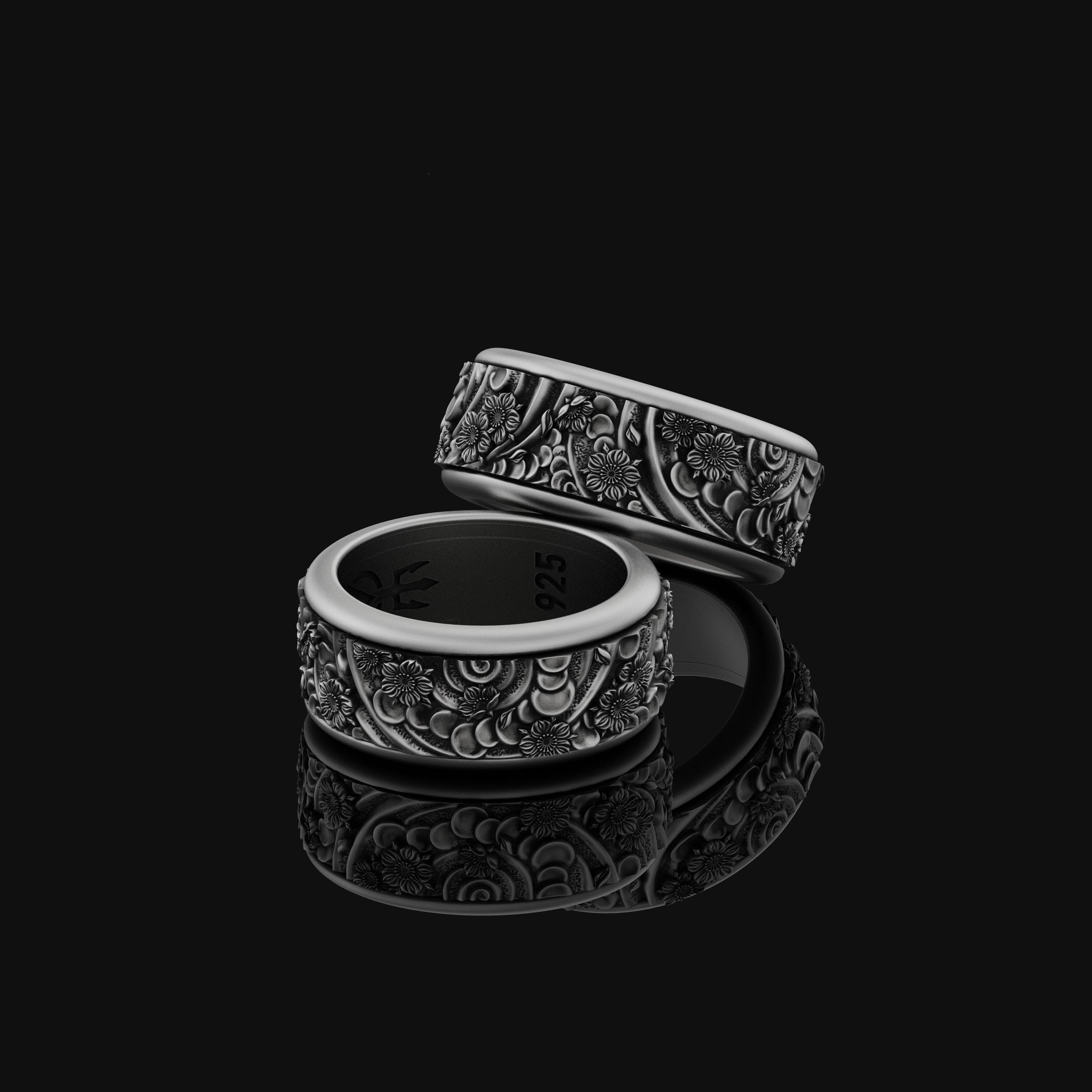 Rotating Spring Flowers Band - Engravable Oxidized Finish