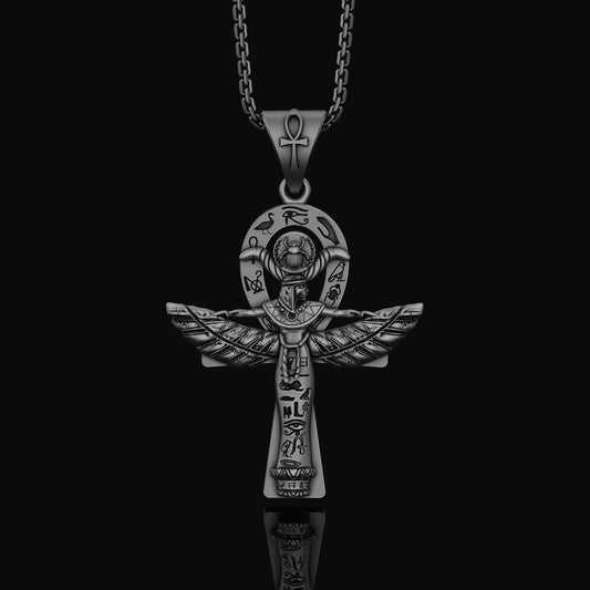 Silver Isis Necklace, Egyptian Goddess Charm, Hieroglyphic Ankh Pendant, Symbol of Life & Magic, Ancient Egypt Jewelry Oxidized Finish