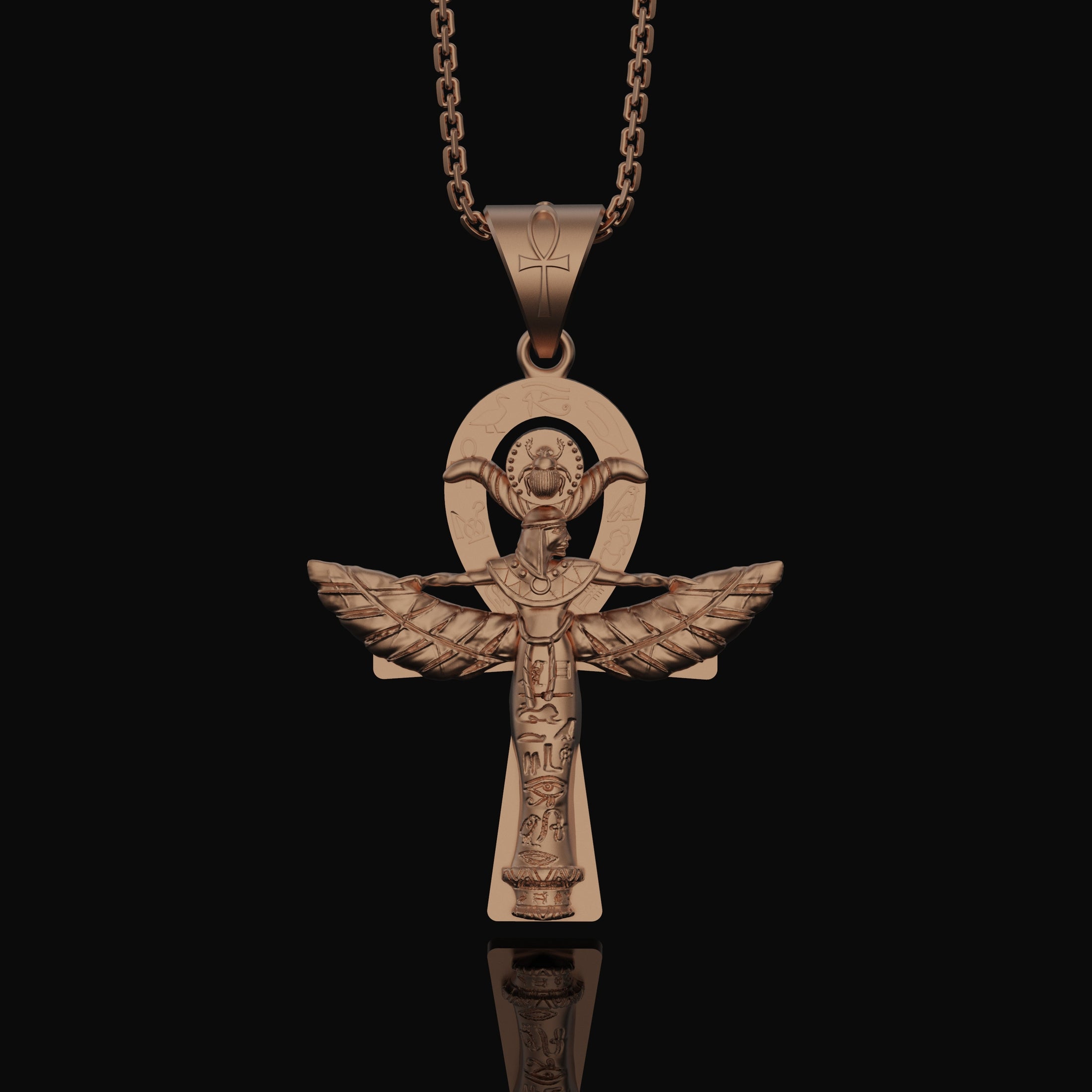 Silver Isis Necklace, Egyptian Goddess Charm, Hieroglyphic Ankh Pendant, Symbol of Life & Magic, Ancient Egypt Jewelry Rose Gold Finish