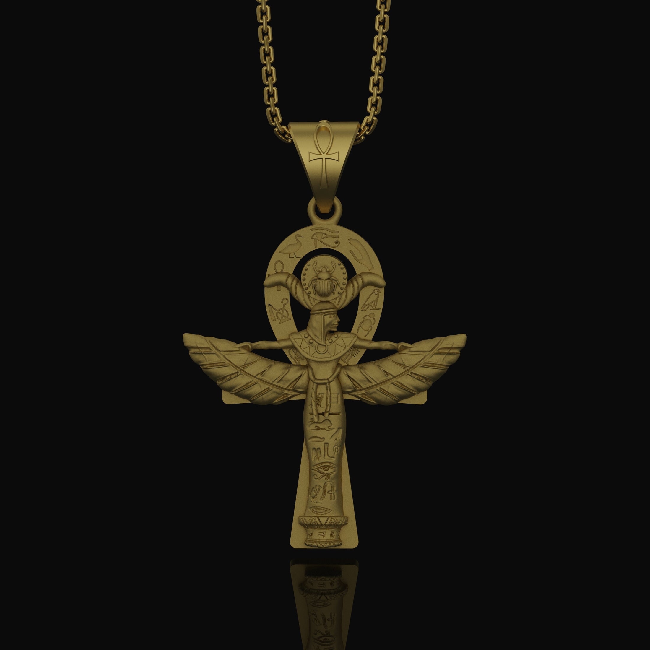 Silver Isis Necklace, Egyptian Goddess Charm, Hieroglyphic Ankh Pendant, Symbol of Life & Magic, Ancient Egypt Jewelry Gold Matte