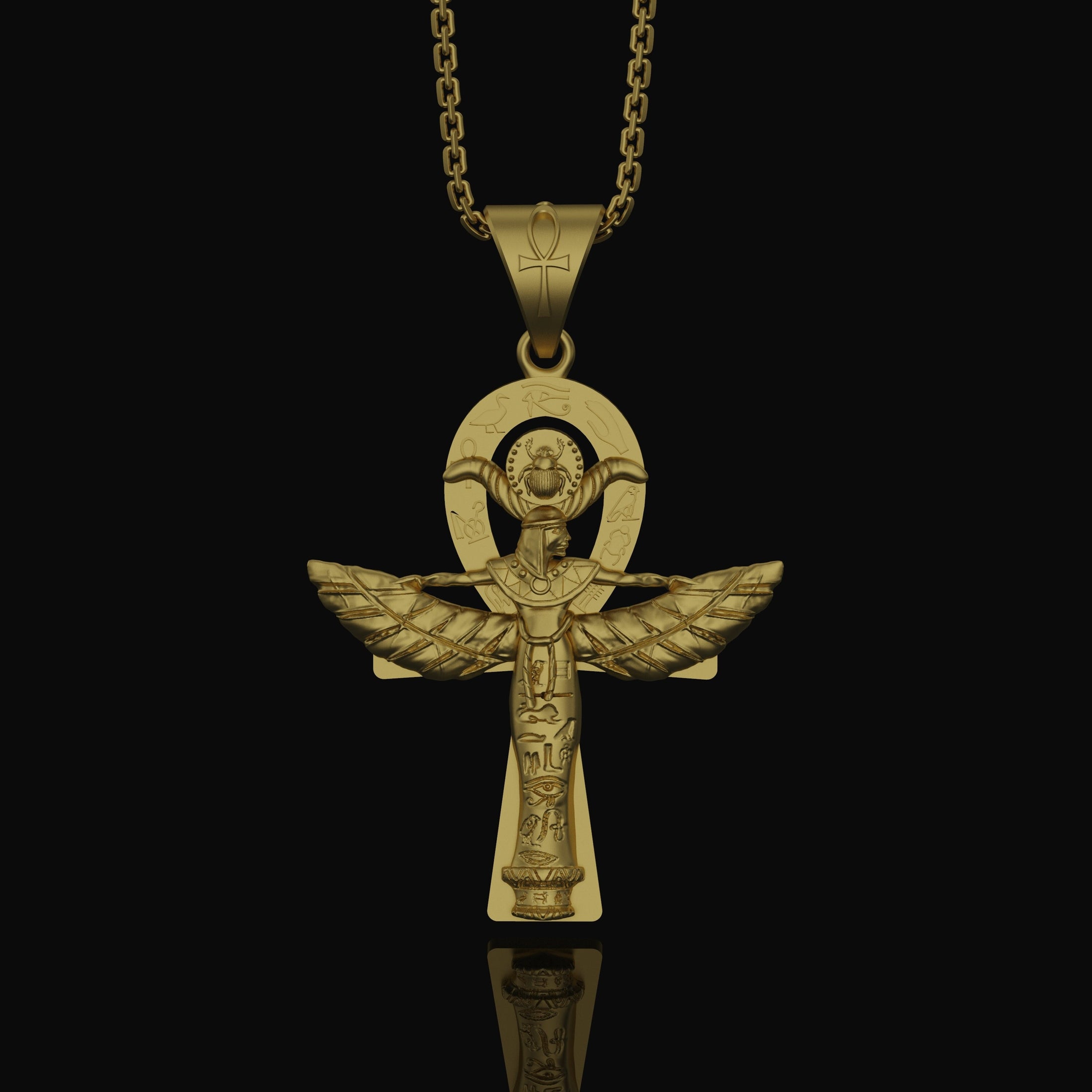 Silver Isis Necklace, Egyptian Goddess Charm, Hieroglyphic Ankh Pendant, Symbol of Life & Magic, Ancient Egypt Jewelry Gold Finish