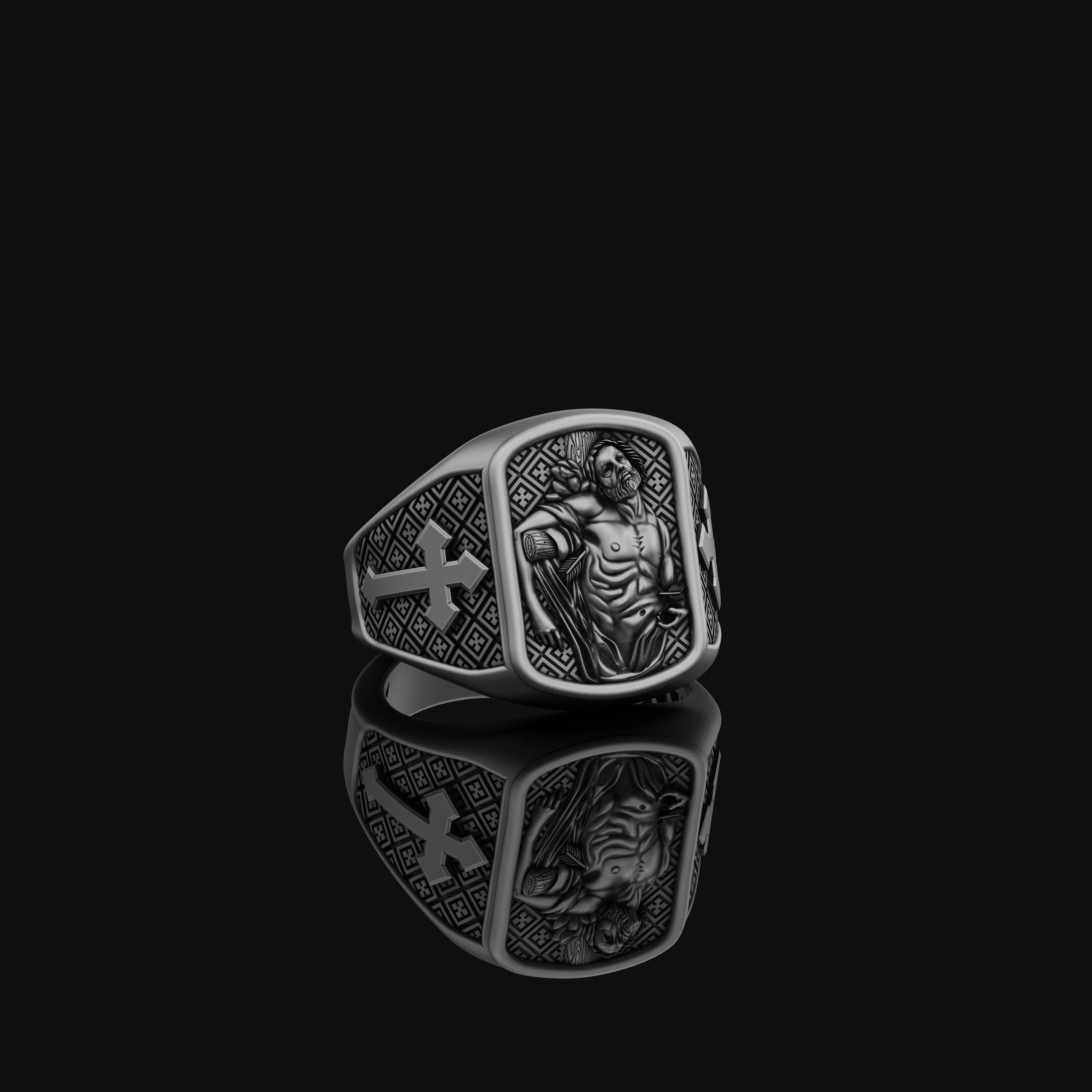 St. Sebastian Ring - Christian Protector Jewelry, Religious Gift, Faithful Symbol, Patron Saint Band Oxidized Finish